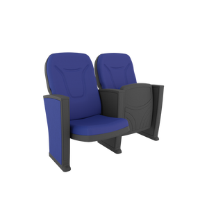 Blauwe theaterstoelen Roma Plus met volledig beklede rug en armleuningen en verborgen vloerbevestiging