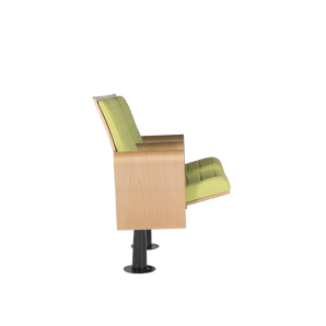 Zijaanzicht van de Lola-stoel met ergonomisch design en gelakte houten details