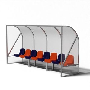 Sportieve dug-out met 8 kuipstoelen in teamopstelling