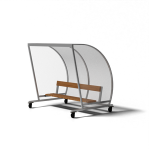 Verrijdbare dug-out van SKOR met aluminium frame en houten bank, ideaal als mobiele dugout voor sportvelden