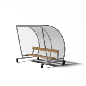 Mobiele dugout van SKOR met 4 wielen, aluminium frame en vurenhouten bank voor optimale verplaatsbaarheid