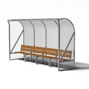 Zijkant van aluminium SKOR dugout met helder polycarbonaat en houten banken