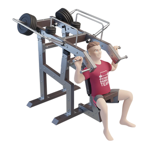 Outdoor shoulder press station in gebruik, met een persoon die de hendels omhoog duwt tijdens een schouderoefening